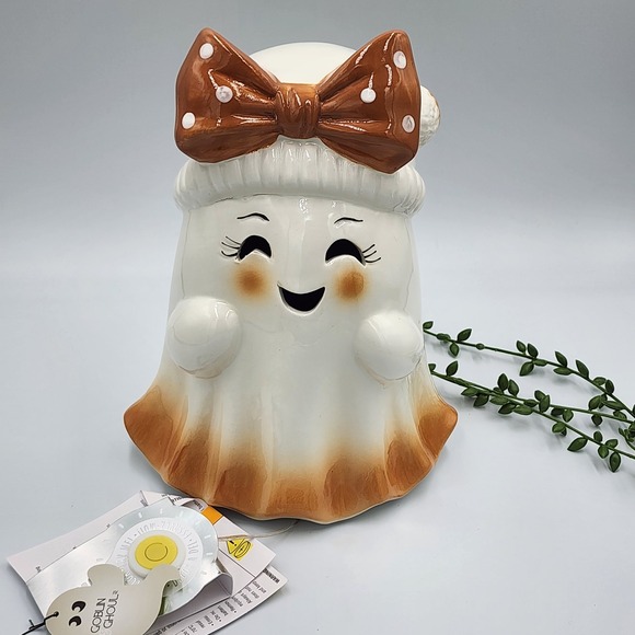 Goblin & Ghoul Other - Goblin & Ghoul Ceramic Light Up Ghost Figurine White Brown Bow Halloween 10" NEW